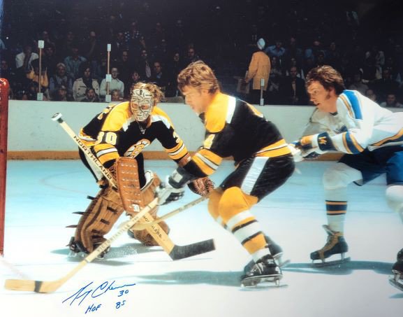 Gerry Cheevers Signed HOF 85 Inscription Boston Pro Yellow Hockey