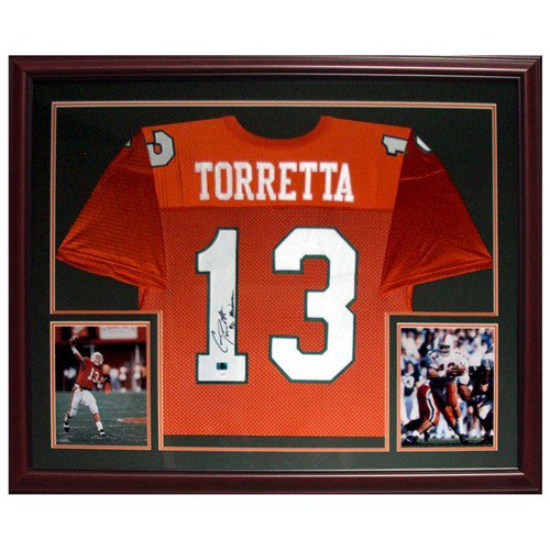 Gino Torretta Autographed Signed Miami Hurricanes (Orange #13) Deluxe Framed Jersey With 92 Heisman