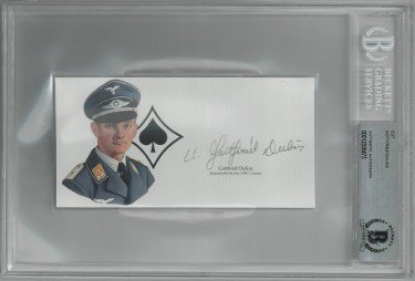 Gottfried Dulias Autographed Signed 5.5   x 3    cut signature w/ Image   " BAS/Beckett Encapsulated (WWII German ME-109G Gustav Pilot)