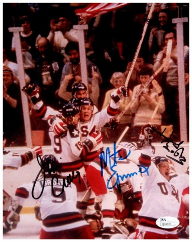 Autographed/Signed Mike Eruzione 1980 Team USA Flag Olympics Miracle on Ice 16x20 Hockey Photo JSA COA