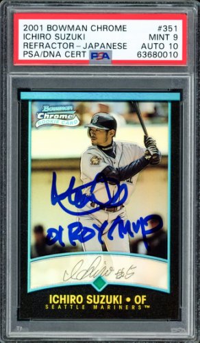 Ichiro Autographed Signed 2001 Bowman Chrome Refractor Japanese Rookie Card #351 Seattle Mariners PSA Auto Grade Gem Mint 10 01 Roy/MVP PSA/DNA