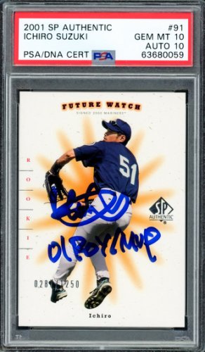 Ichiro Autographed Signed 2001 Sp Authentic Rookie Card #91 Seattle Mariners PSA Auto Grade Gem Mint 10 01 Roy/MVP Highest Graded #287/1250 PSA/DNA