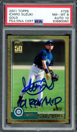 Ichiro Autographed Signed 2001 Topps Gold Rookie Card #726 Seattle Mariners PSA Auto Grade Gem Mint 10 01 Roy/MVP #295/2001 PSA/DNA