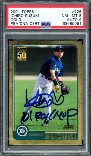 Ichiro Autographed Signed 2001 Topps Gold Rookie Card #726 Seattle Mariners PSA Auto Grade Mint 9 01 Roy MVP PSA/DNA