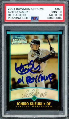 Ichiro Suzuki Autographed Signed 2001 Bowman Chrome Refractor Rookie Card #351 Seattle Mariners PSA Auto Grade Gem Mint 10 "01 Roy/MVP" PSA/DNA