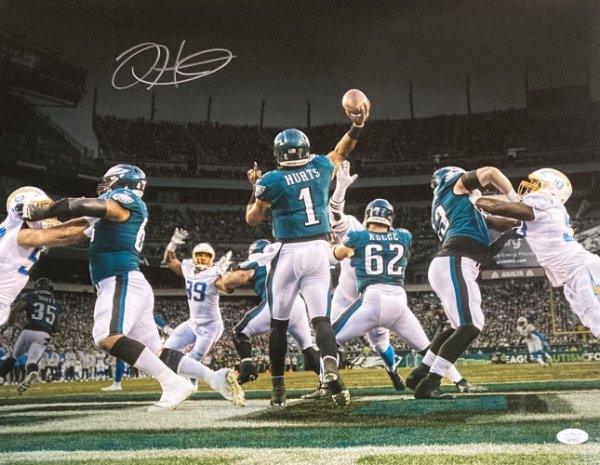 Jalen Hurts Signed Philadelphia Eagles 11x14 Football Flexing Photo JSA