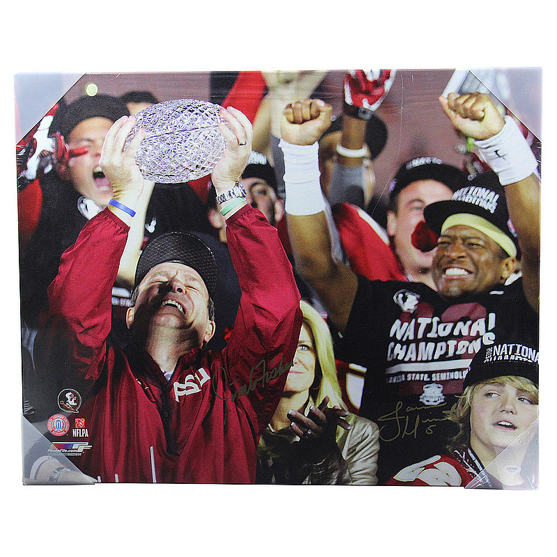 Jameis Winston & Jimbo Fisher Autographed Signed Florida State Seminoles Stretched Holding 2013 National Championship Trophy 30x24 Horizontal Canvas - PSA/DNA Authentic