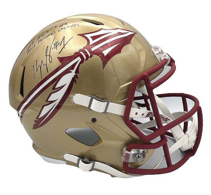 Jameis Winston, Kelvin Benjamin, Jimbo Fisher, and Karlos Williams Autographed Signed Florida State Semioles 2013 National Champs Riddell Speed Full Size Replica Helmet with 2013 Nationall Champs! Inscription - JSA & PSA/DNA Authentic