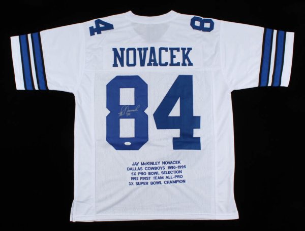 Jay Novacek Signed Dallas Cowboys Career Highlight Stat Jersey (JSA CO –