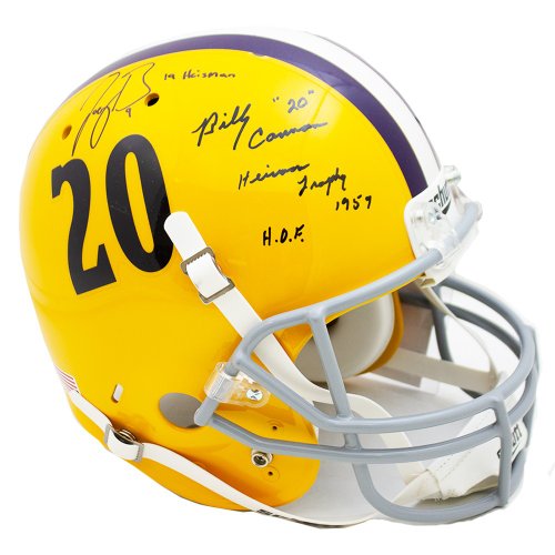 Joe Burrow and Billy Cannon Signed Autographed Yellow LSU Tigers Schutt Replica Helmet 19 Heisman and 20, Heisman Trophy 1959 Inscriptions - JSA Authentic/Fanatics Hologram 