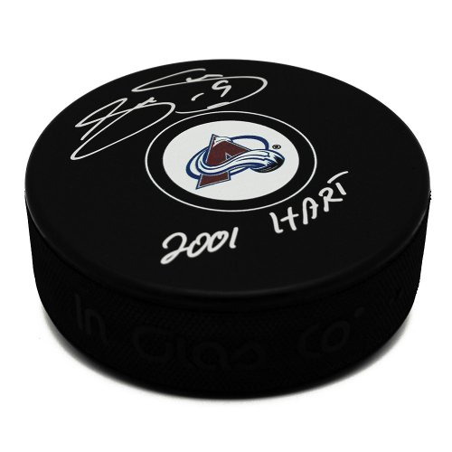 Joe Sakic Colorado Avalanche Autographed Autographed Signed Model Puck with 2001 Hart Note