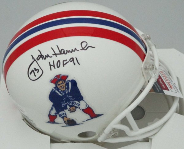 John Hannah Signed Patriots T/B Riddell Mini Helmet w/HOF'91 