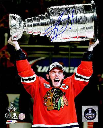 Jonathan Toews Autographed Chicago Blackhawks 2015 Stanley Cup Holding Trophy 8x10 Photograph - Signed Hockey Collectibles