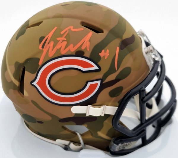 Justin Fields Autographed Signed Chicago Bears Camo Speed Mini Helmet Beckett Beckett Qr