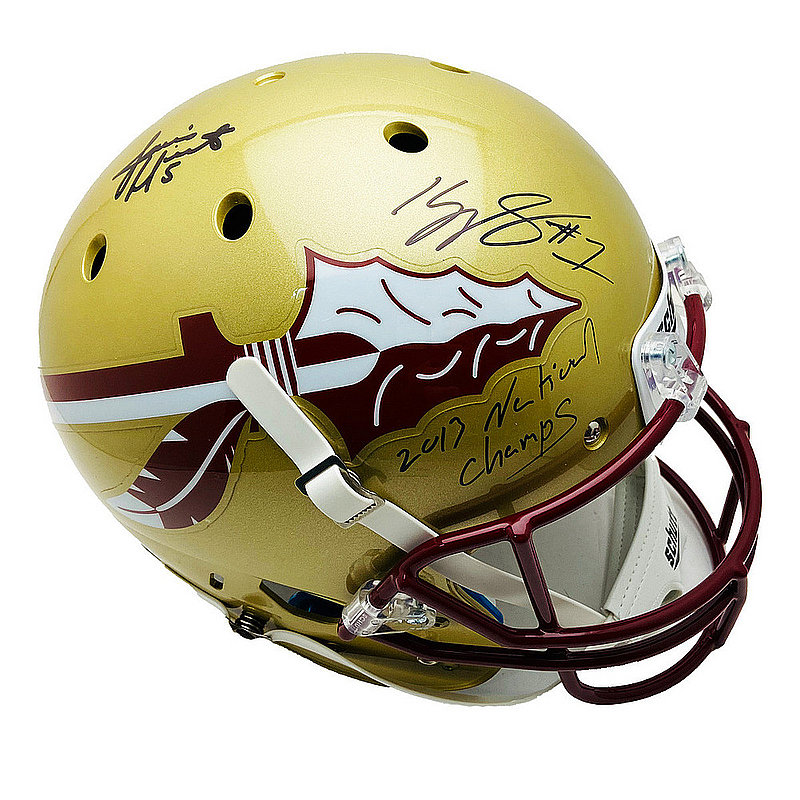 Kelvin Benjamin & Jameis Winston FSU Seminoles Autographed Signed  Full Size Schutt Replica Gold Helmet w/ 2013 National Champs Inscription - Beckett & PSA/DNA Authentic