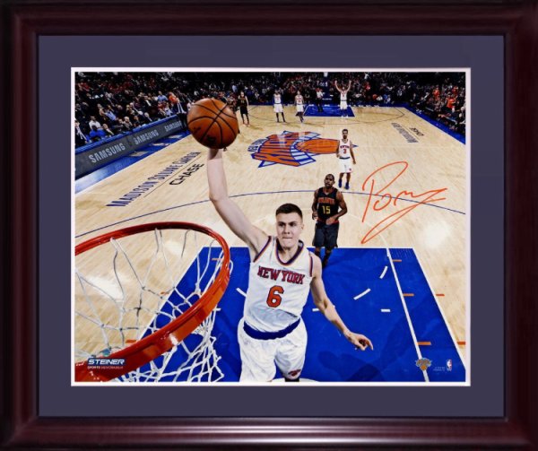 Kristaps Porzingis Autographed Signed Knicks 16X20 Dunk Photo Framed Orange Auto Steiner COA