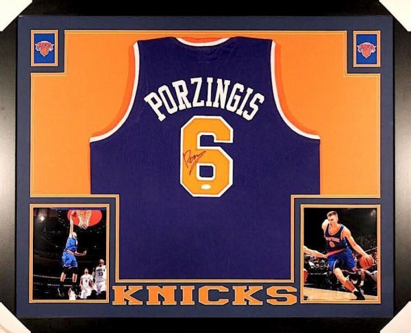 Kristaps Porzingis Autographed Signed New York Knicks 35X43 Custom Framed Jersey (JSA COA)