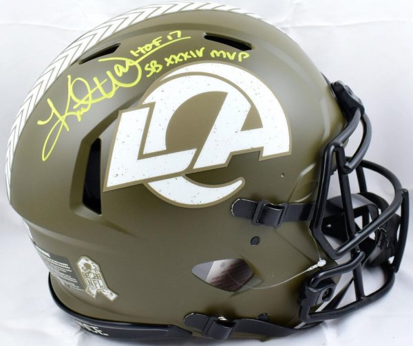 Kurt Warner Autographed Signed F/S Rams Salute To Service Speed Auth Helmet 2Insc.-Beckett W