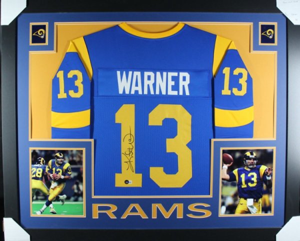 Kurt Warner Autographed Signed (Rams Throwback Skyline) Framed Jersey Beckett