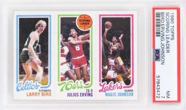 Larry Bird, Magic Johnson & Julius Erving 1980 Topps Scoring Leader RC Card (PSA 7 NM)(New Label)(C)