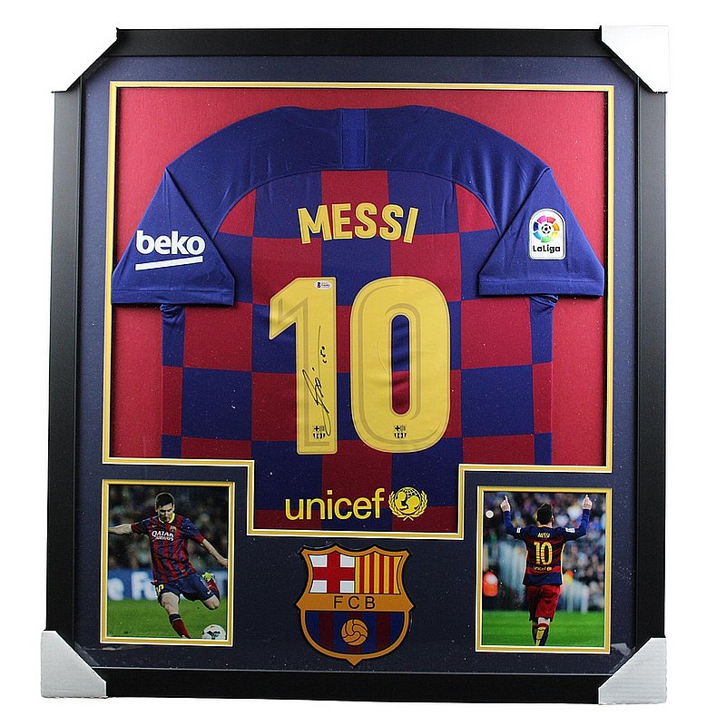 Lionel Messi Autographed Signed Barcelona Deluxe Framed Jersey Red Mat - Beckett Authentic 