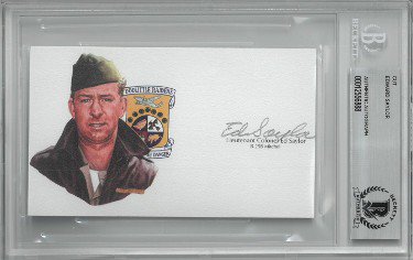 Lt Colonel Ed Saylor Autographed Signed 3   x 5    cut signature w/ Image  " BAS/Beckett Encapsulated (WWII Doolittle Raiders / B-25B Mitchell)