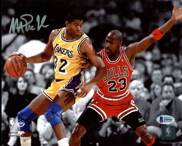 Magic Johnson Autographed Signed Lakers 8X10 Spotlight Photo With Michael Jordan Beckett Witness 4
