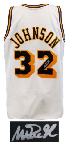 Magic Johnson Autographed Signed Los Angeles Lakers White With Black Numbers M&N NBA Swingman Basketball Jersey