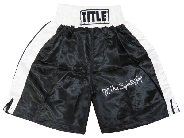 Michael (Mike) Spinks Autographed Signed Title Black With White Trim Boxing Trunks w/Jinx