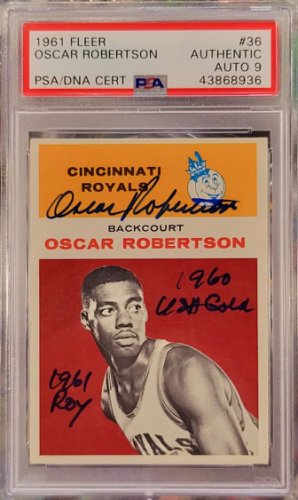 Oscar Robertson Autographed Signed Autograph 1961 Fleer Rookie Card Inscription PSA Auto 9