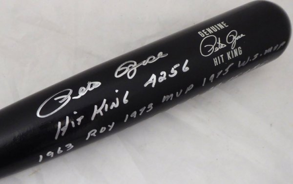 Pete Rose Autographed Signed Black Genuine Bat Cincinnati Reds Stat Bat Hit King & 4256 In Silver Pr Holo #178272