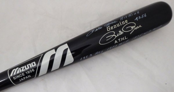 Pete Rose Autographed Signed Black Mizuno Bat Cincinnati Reds Stat Bat Hit King & 4256 In White Pr Holo #178273