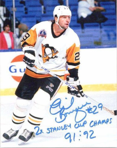 Phil Bourque Autographed Signed Skating with Stick White Jers. Vertical 8X10 Photo with 2X Stanley Cup Champs 91 & 92