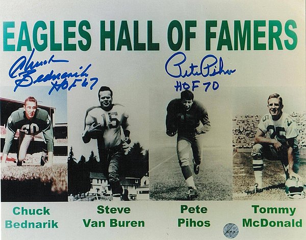 Philadelphia Eagles 8x10 Photo Autographed Signed by Chuck Bednarik Inscribed "HOF 67" & Pete Pihos Inscribed "HOF 70" -Eagles Hall of Famers-
