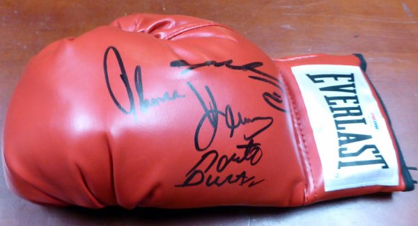Red Everlast Red Autographed Signed Boxing Greats Boxing Glove With 3 Signatures Including Sugar Ray Leonard, Thomas Hearns & Roberto Duran Lh PSA/DNA #112574