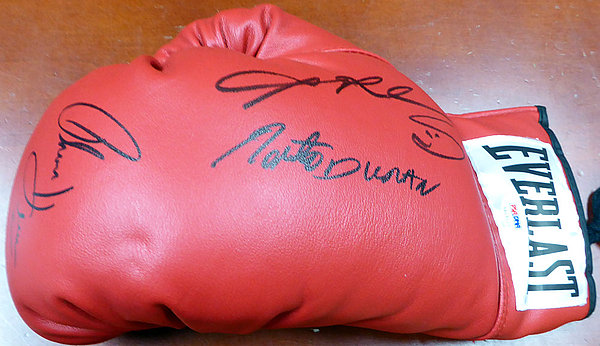 Red Everlast Red Autographed Signed Boxing Greats Boxing Glove With 3 Signatures Including Sugar Ray Leonard, Thomas Hearns & Roberto Duran Lh PSA/DNA #113694