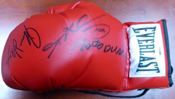 Red Everlast Red Autographed Signed Boxing Greats Boxing Glove With 3 Signatures Including Sugar Ray Leonard, Thomas Hearns & Roberto Duran Lh PSA/DNA #113695
