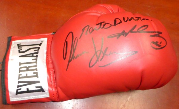 Red Everlast Red Autographed Signed Boxing Greats Boxing Glove With 3 Signatures Including Sugar Ray Leonard, Thomas Hearns & Roberto Duran Rh PSA/DNA #112575