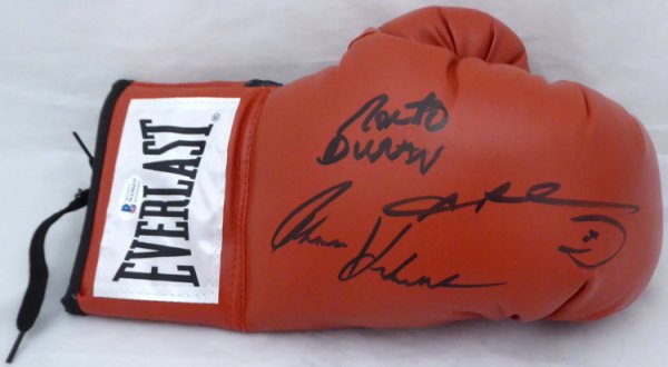 Sugar Ray Leonard & Roberto Duran Autographed Black Everlast Boxing Glove LH Signed In Gold Beckett BAS Stock #177670 