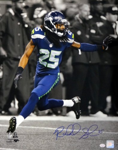 SEAHAWKS RICHARD SHERMAN AUTOGRAPHED FRAMED BLUE NIKE SUPER BOWL JERSE –  Super Sports Center