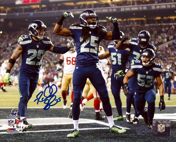 SEAHAWKS RICHARD SHERMAN AUTOGRAPHED FRAMED BLUE NIKE SUPER BOWL JERSE –  Super Sports Center