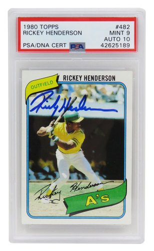 Rickey Henderson Autographed Signed Oakland A's 1980 Topps Baseball #482 RC Rookie Card - (PSA 9 / Auto Grade 10)
