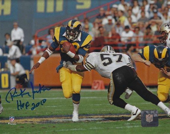 Rickey Jackson Signed Saints Black Jersey vs Rams 8x10 Photo w/HOF 2010