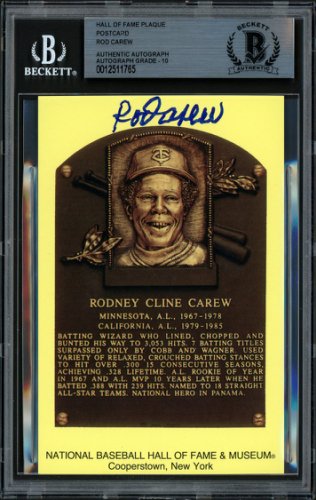 Rod Carew Autographed Signed HOF Plaque Postcard Minnesota Twins Auto Grade 10 Beckett Beckett