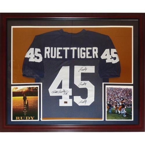 Rudy Ruettiger Autographed Signed Notre Dame Fighting Irish (Blue #45) Deluxe Framed Jersey With Rudy! Rudy! Rudy!