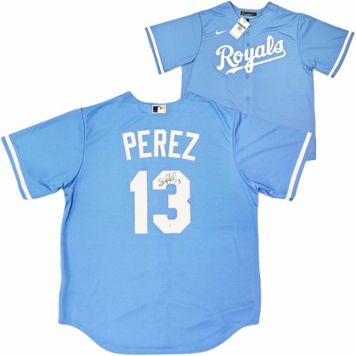 Press Pass Collectibles Salvador Perez Authentic Signed Light Blue Pro Style Jersey BAS Witnessed