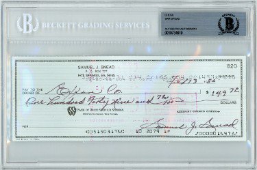 Sam Snead PGA/Golf 3x8 Bank Check Autographed Signed In Black Beckett BAS #0010734619