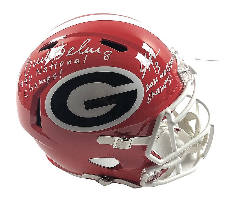 Stetson Bennett IV and Buck Belue Autographed Signed Georgia Bulldogs Riddell Full Size Speed Replica Helmet with 1980 National Champs! & 2021 National Champs Inscriptions - Beckett QR Authentic