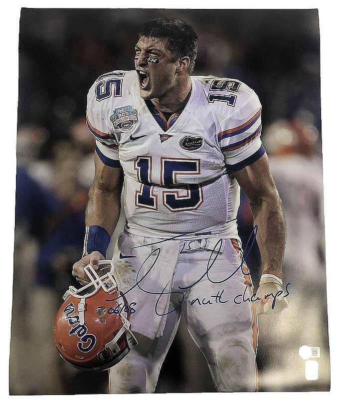 Tim Tebow Autographed Signed Florida Gators 2009 National Championship 16x20 Photo with 06/08 Natl Champs Inscription - Beckett QR Authentic