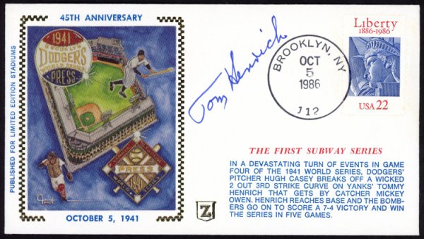 Tom Tommy Autographed Signed Tom Tommy Henrich First Day Cover New York Yankees #154011